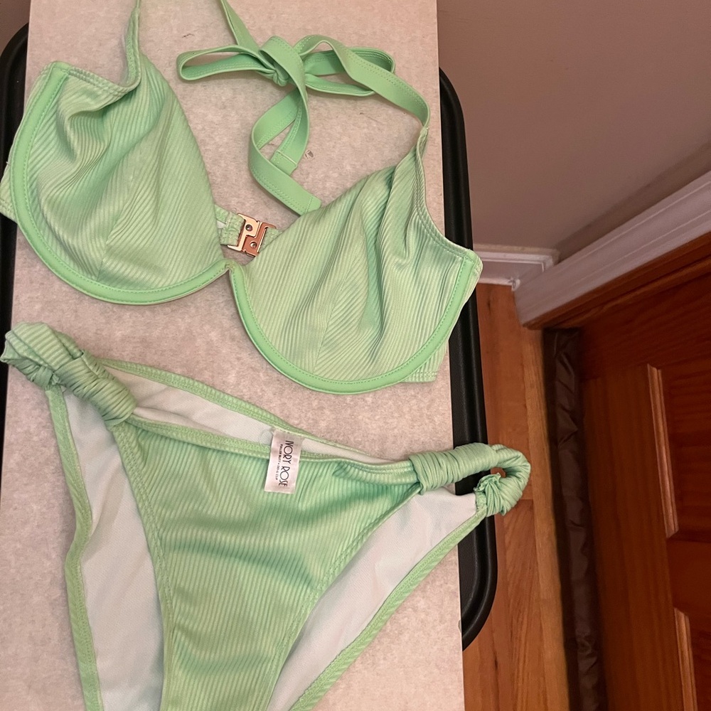 This is a Nory Rose sage green ribbed underwire bikini set with tie details.